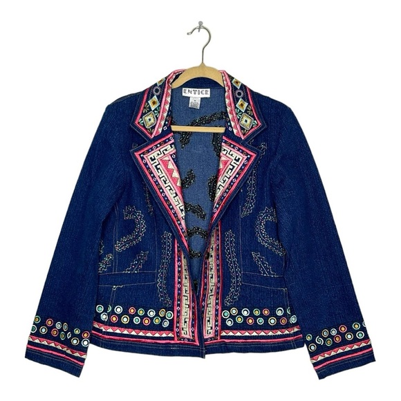 Vintage Y2K Entice Embroidered Dark Blue Denim Jean Jacket Blazer Hippie Medium - Picture 4 of 16